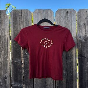 Upcycled burgundy animal print button swirl tee tshirt